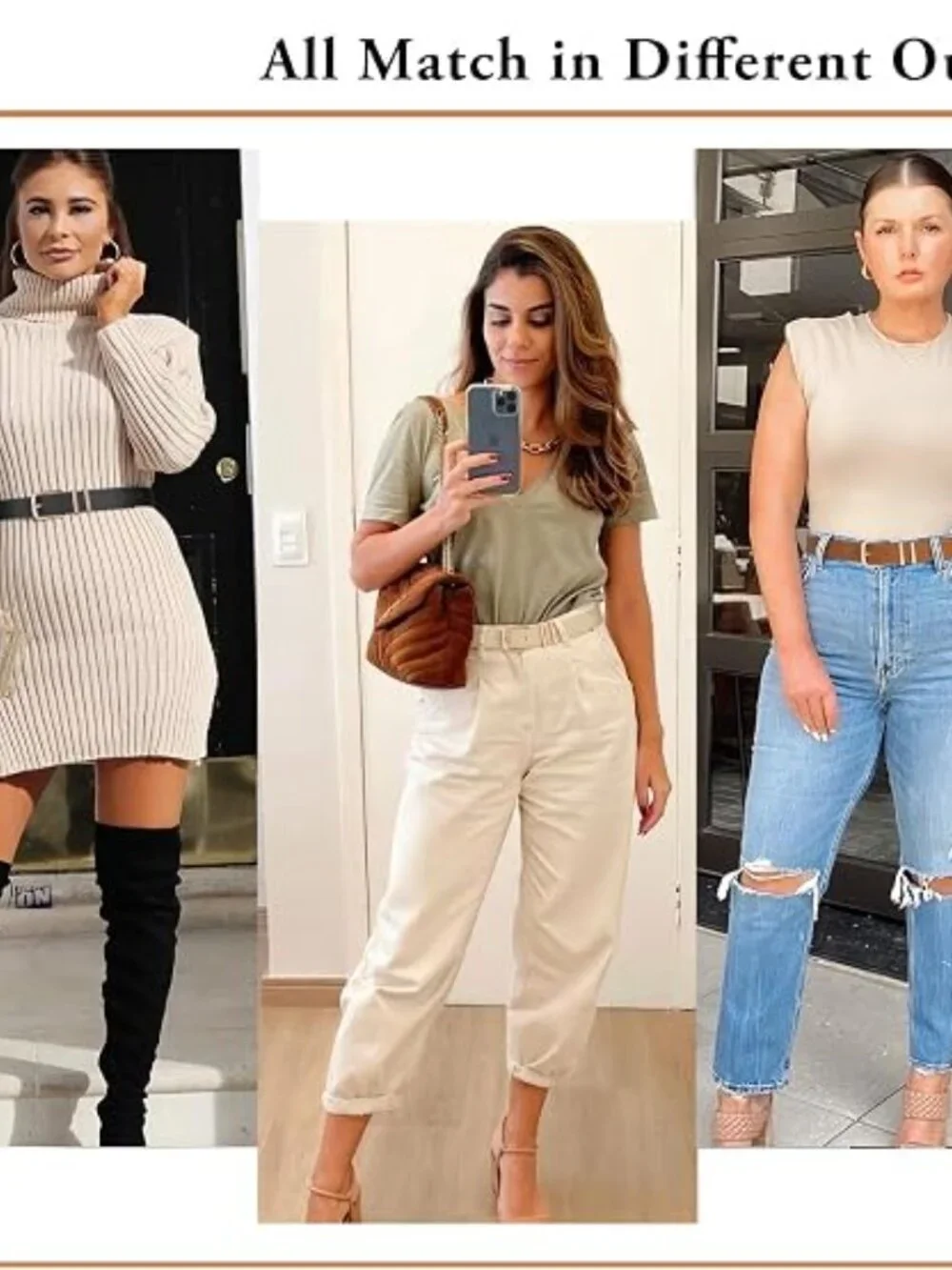 3 Pack Women Belts For Jeans Dresses Pants Ladies Leather Waist Belt with Gold B